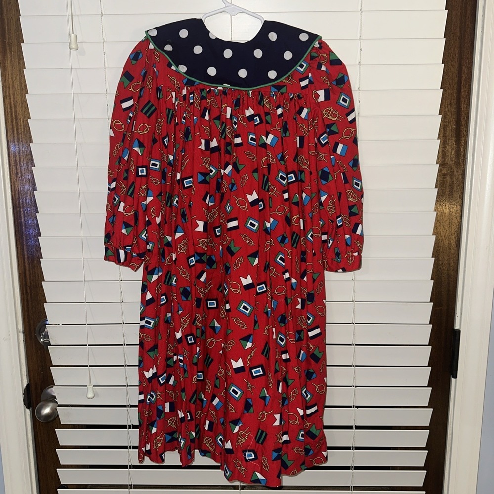 Sugar Buttons Dress Girls Nautical Flags Rope Size 7 Long Sleeve Red Vintage